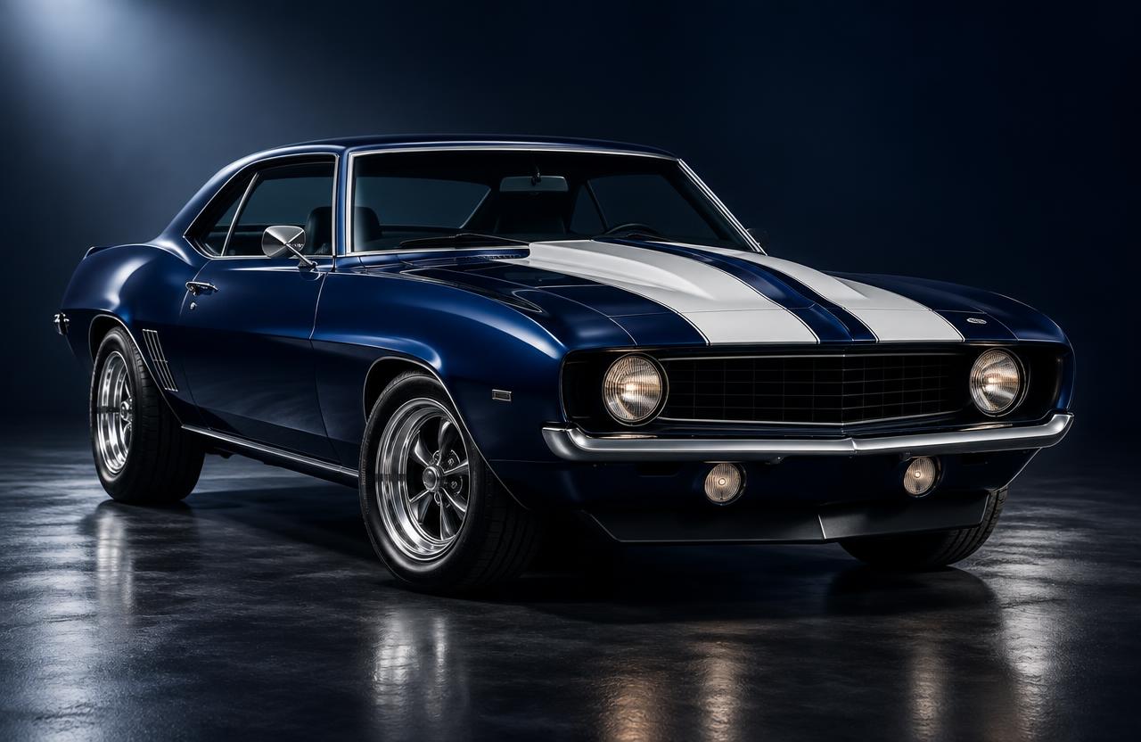 Navy muscle car with white racing stripes